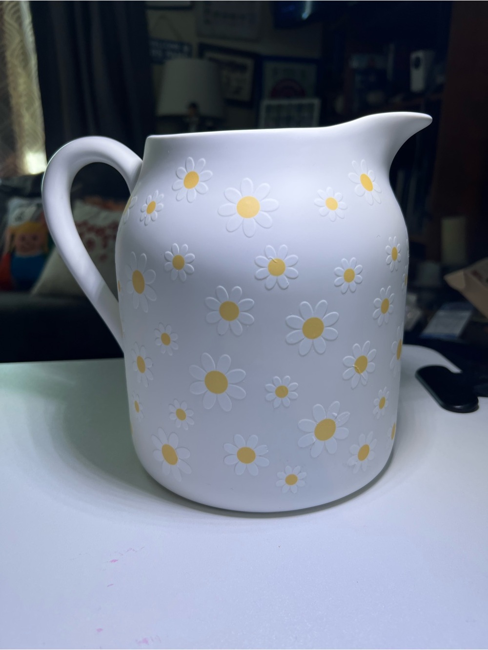 White Daisy Ceramic Pitcher with Yellow Accents